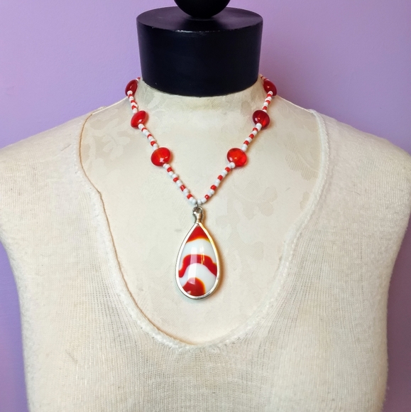 "Fire & Snow" Handmade Lamp-work Glass Necklace - Picture 1 of 3
